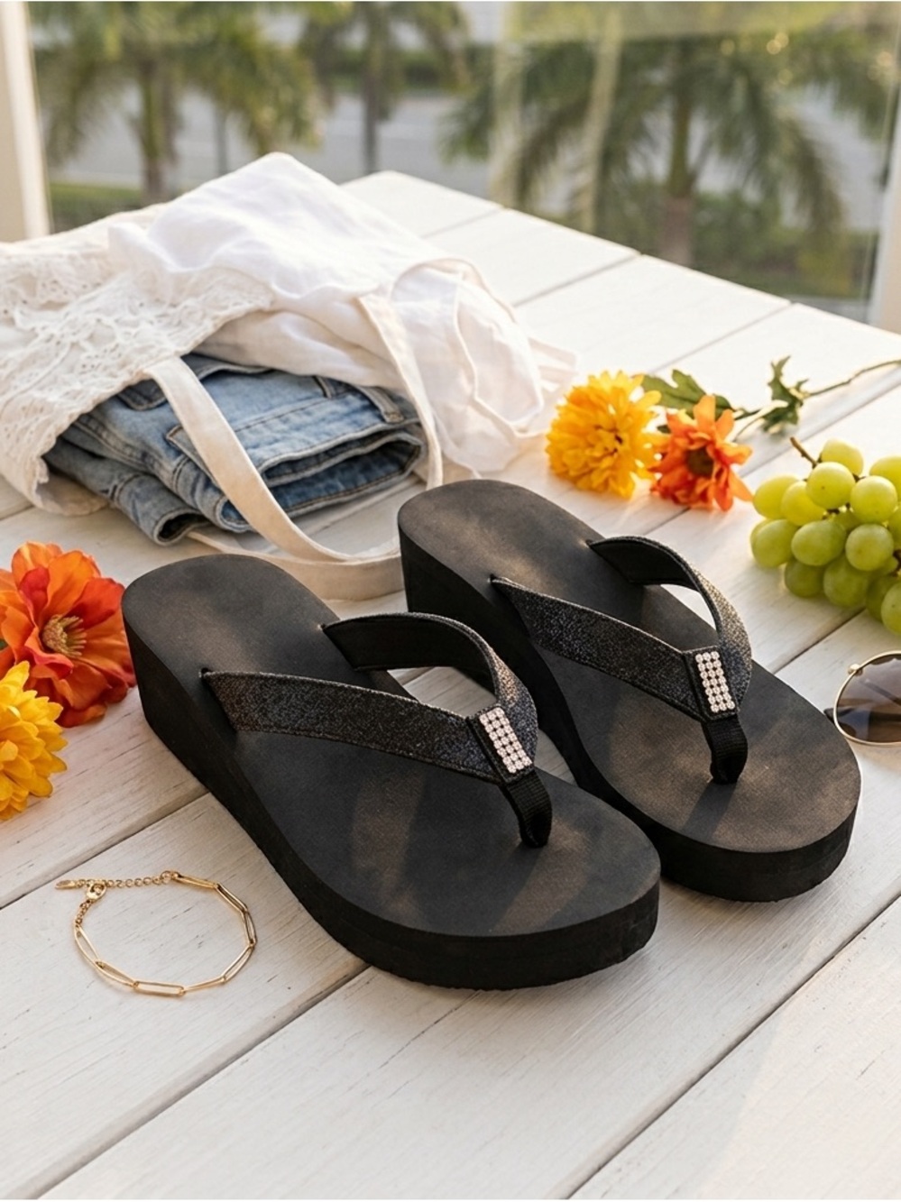 {AVON} Black Super Sparkle Wedge Flip-Flop